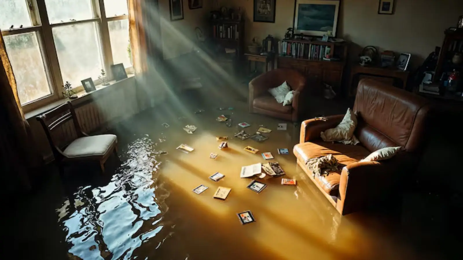 Flooded living room with furniture and belongings sitting in standing water