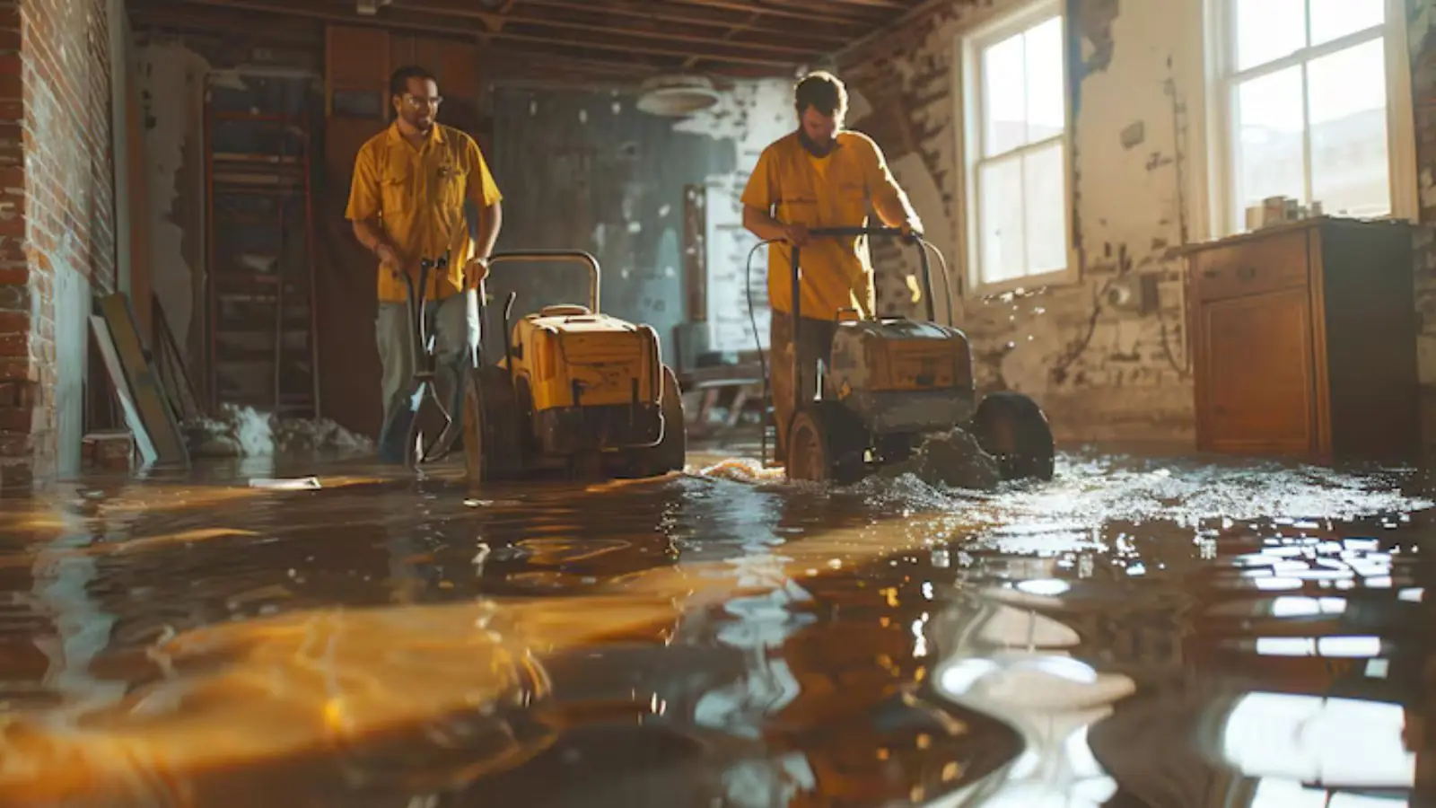 Two restoration workers running an extraction machine through a water-damaged room