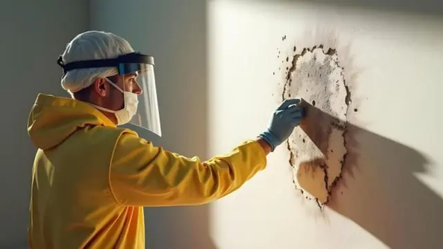 Worker in a yellow suit and face shield cleaning a ring of mold from a wall