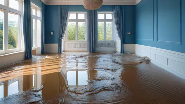 Hardwood floor in a living room covered in standing water