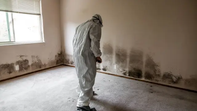 Worker in a protective suit standing in an empty room with mold along the base of the walls