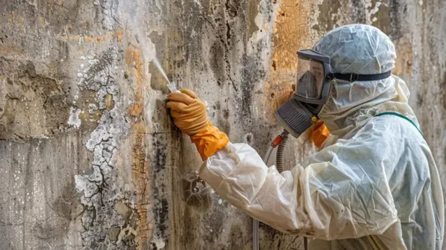 Worker in a respirator and gloves scraping a mold-stained wood surface
