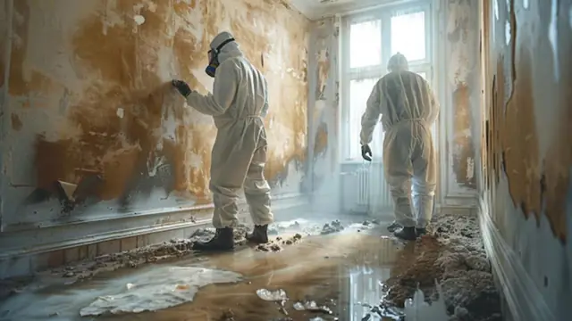 Two workers in protective suits inspecting mold-stained walls and a wet floor