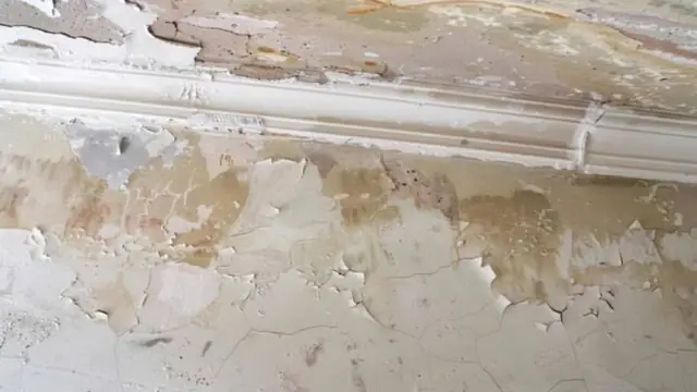 Peeling paint and brown stains on a wall above the baseboard